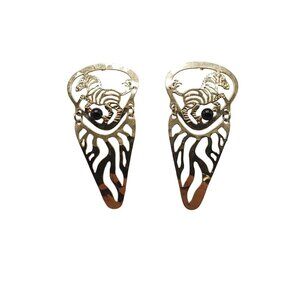 Gold Tone Wild Bryde Dangle Post Earrings With Black Onyx Accents Zebra Design